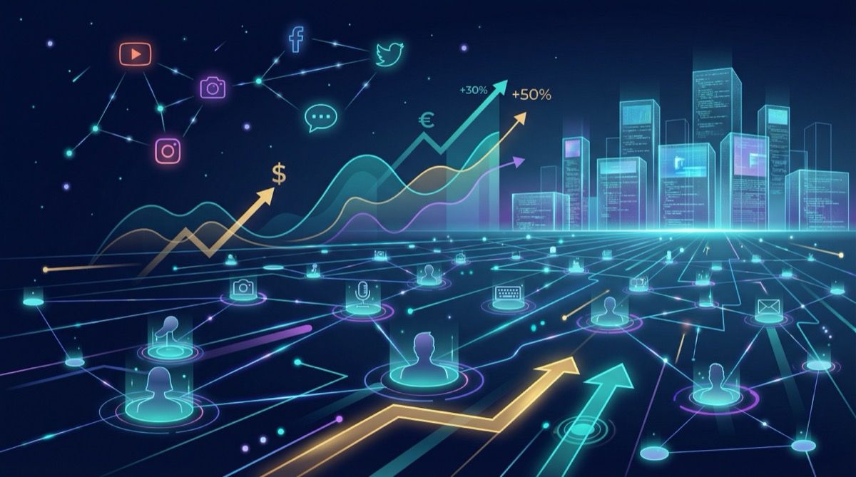 Interconnected digital landscape with content creators as glowing nodes representing the Creator Economy in 2026