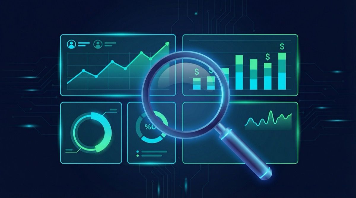 Analytics dashboard with multiple metric panels showing subscriber growth, revenue trends, and engagement rates