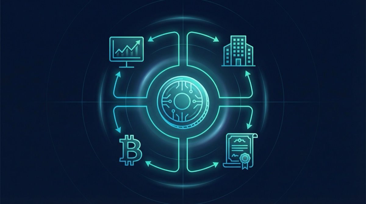 Central token shape compared against multiple investment types arranged in a radial pattern