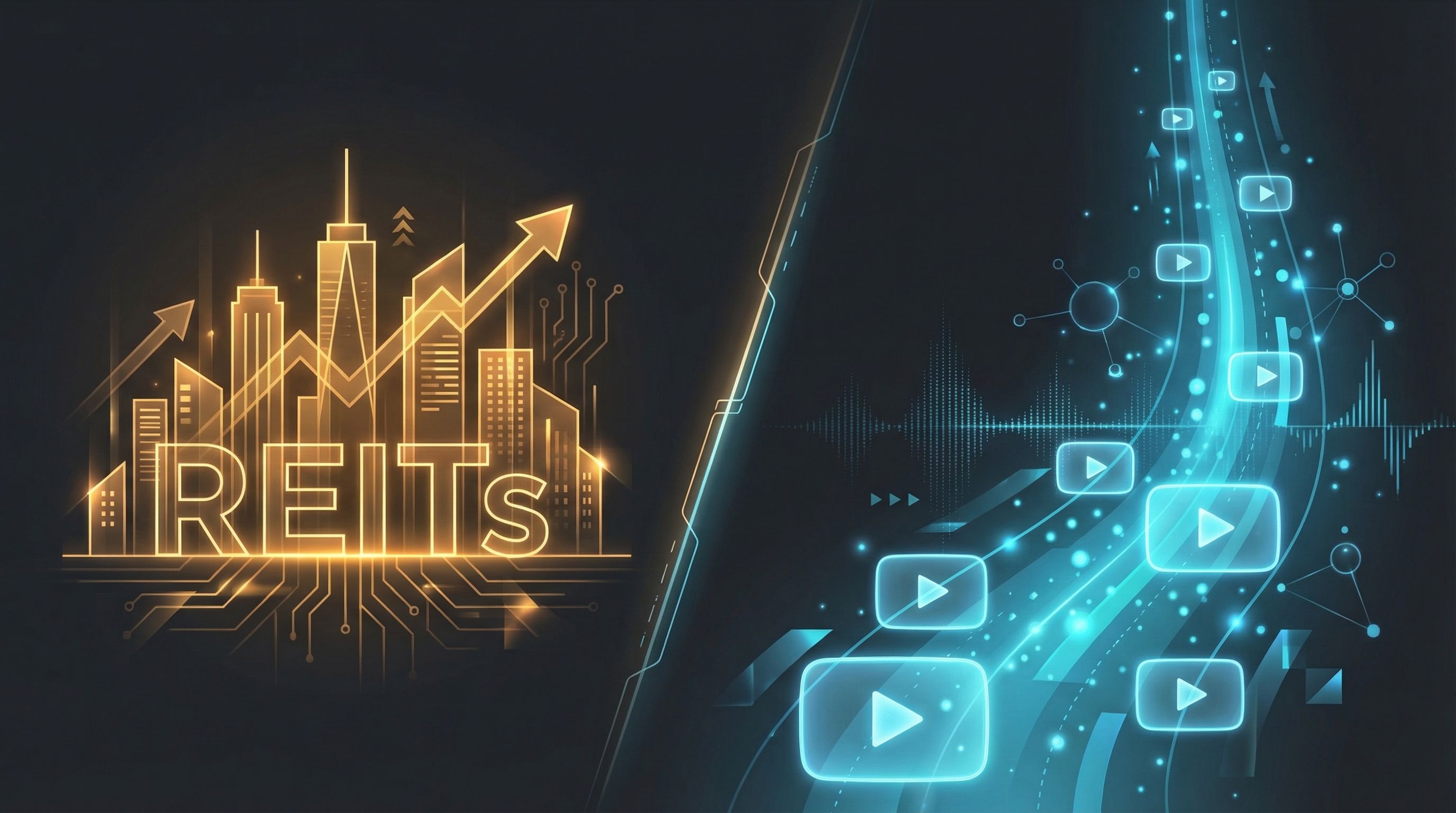 Side-by-side comparison of physical real estate buildings and digital content screens representing two distinct income-generating asset classes