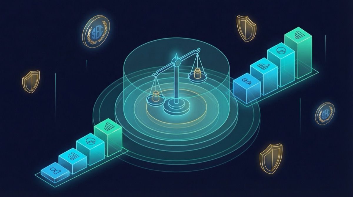 Concentric rings representing investment thresholds with regulatory shield shapes and SEC emblems