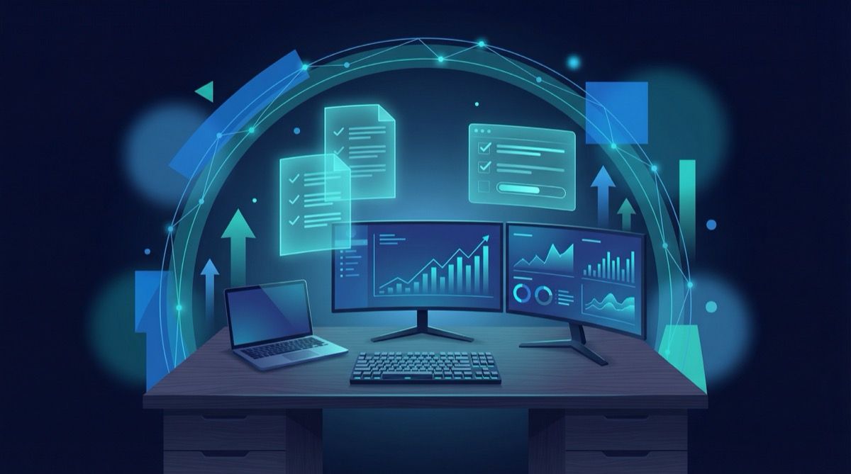 Creator workspace with analytics dashboards and floating checklists representing crowdfunding preparation