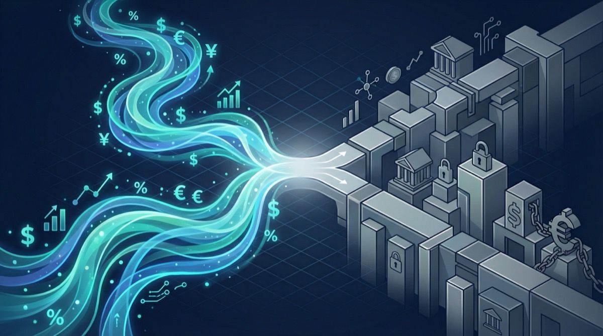 Abstract illustration comparing revenue sharing and traditional loan paths with cyan and teal accent lighting