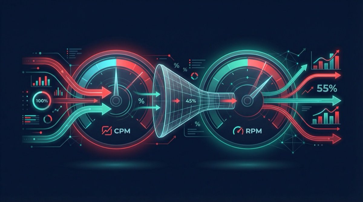 Two abstract gauge shapes representing CPM and RPM metrics with data visualization elements