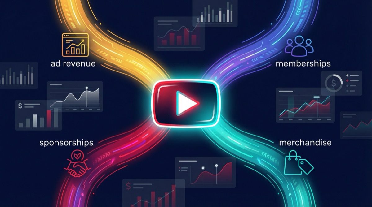 Stylized YouTube play button surrounded by radiating revenue streams representing multiple monetization channels