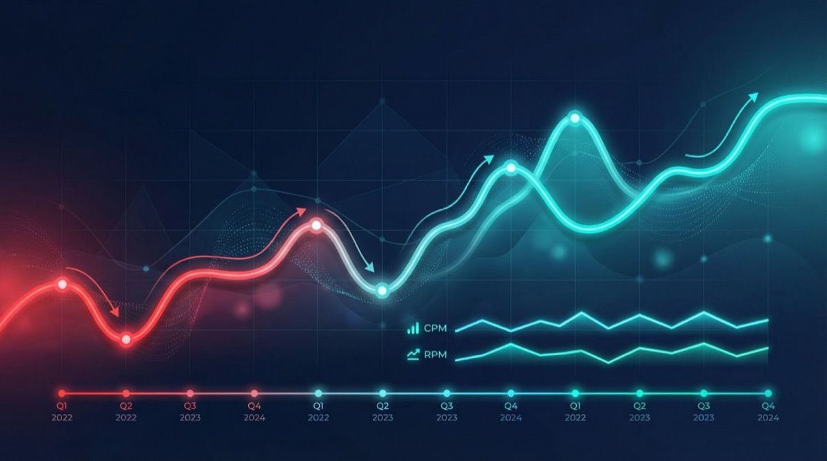 Flowing trend line chart showing YouTube revenue growth with seasonal waves and CPM indicators